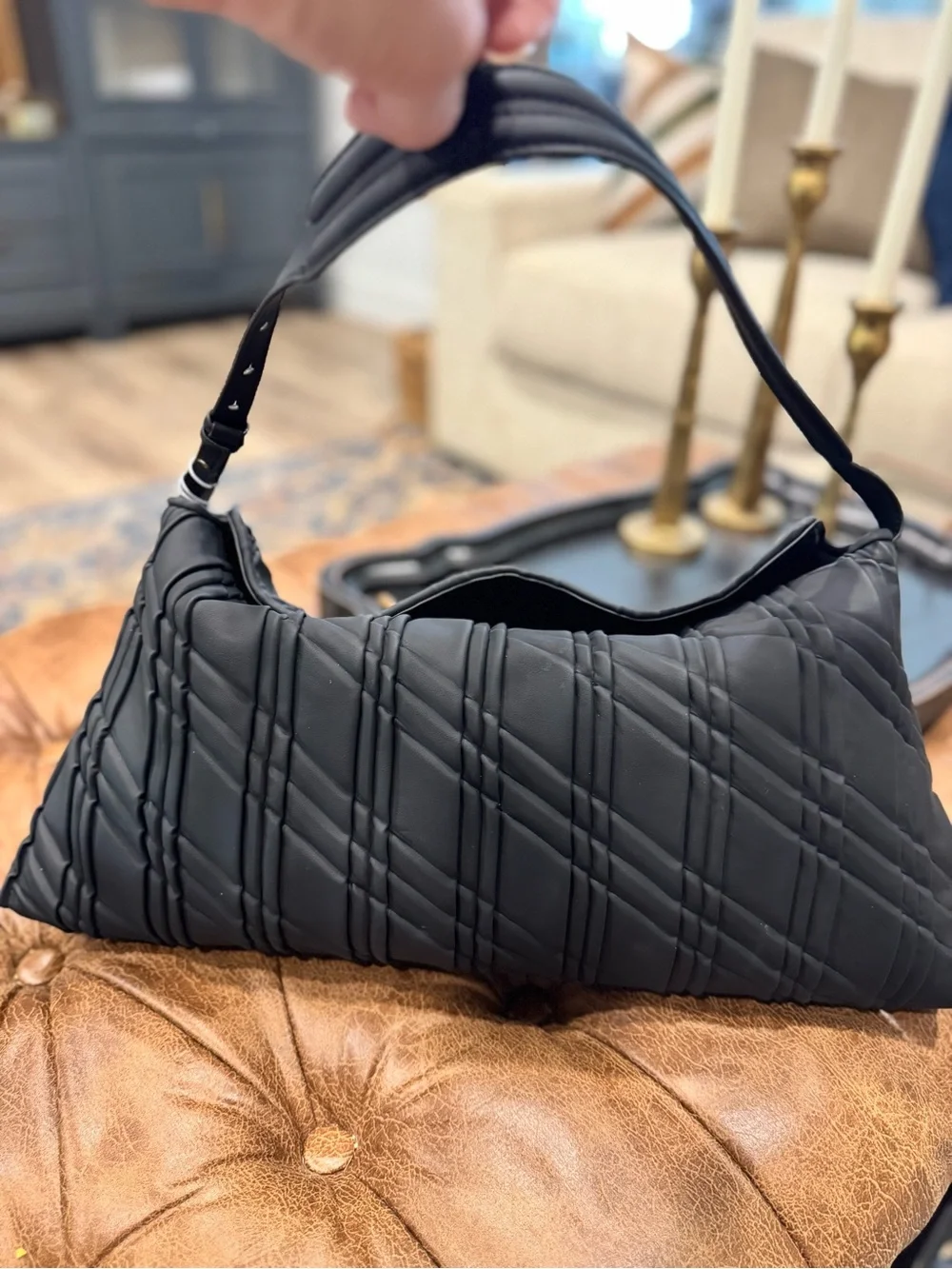 Sam Edelman Black Quilted Peddy Shoulder Bag with Textured Diagonal Stitching